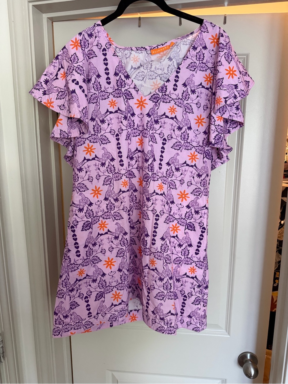 Oliphant Lavender Floral V-Neck Mini Dress with Orange Accents